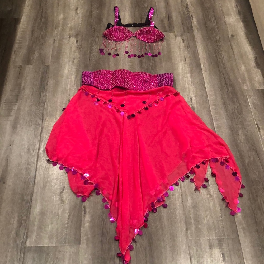 Belly Dancing Outfit Beaded Fringe Sequin Pink Bra & Skirt 2 Piece Set